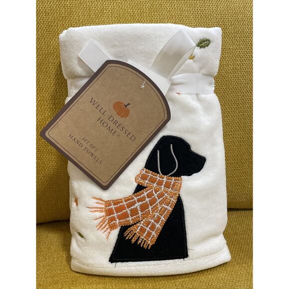 Set of 2 Black Labrador In Scarf Falling Leaves Dog Embroidered Bath Hand Towels - Picture 1 of 7